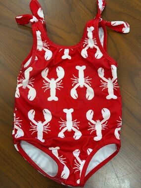 Girls Red Lobster-Print One-Piece Swimwear with Tie Straps